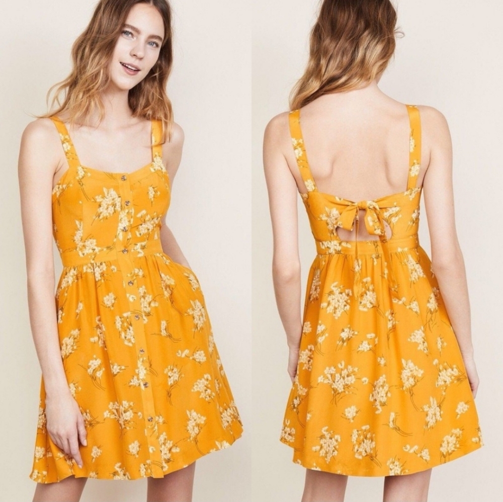 Madewell Yellow Silk Fleur Bow-Back Dress in Butterfly Garden Floral XS